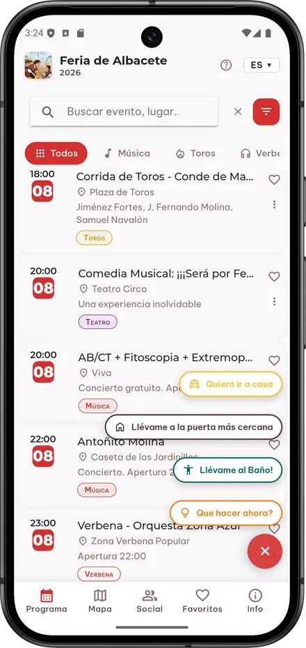 Accesos rápidos de la app: llévame al baño, llévame a la puerta más cercana, quiero ir a casa y qué hacer ahora