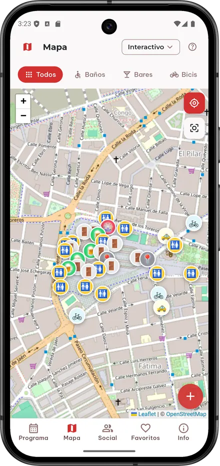 Pantalla de mapa de la app con baños, bares, puertas, taxis y aparcabicis del Recinto Ferial de Albacete