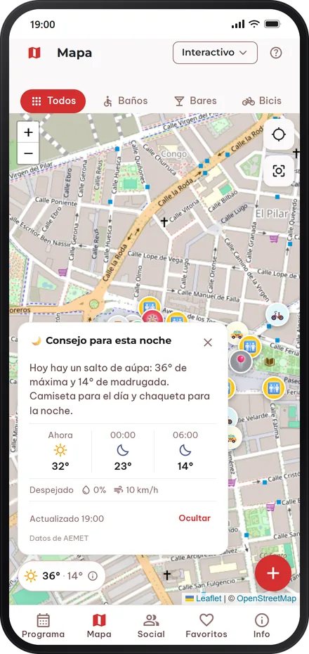 La app mostrando el tiempo de la Feria sobre el mapa del recinto: 36 grados de máxima y 14 de mínima, con el consejo «Hoy hay un salto de aúpa: 36° de máxima y 14° de madrugada. Camiseta para el día y chaqueta para la noche» y las temperaturas de ahora, medianoche y las seis de la mañana