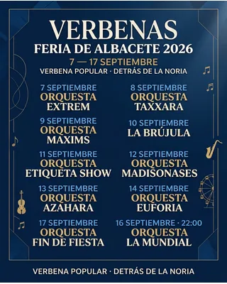 Cartel de las verbenas de la Feria de Albacete 2026, con las orquestas de la Verbena Popular